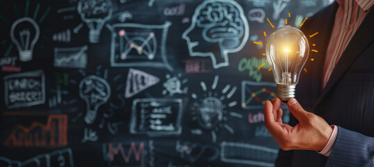 Wall Mural - person holding light bulb in front of a chalkboard with various drawings and diagrams. concept of in