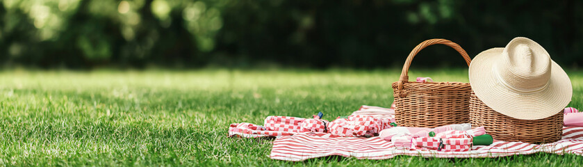 A sunny park scene featuring picnic blankets, baskets, and straw hat, perfect for relaxing outdoor gathering.