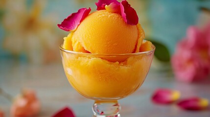 Wall Mural - A vibrant sorbet in a glass dish, garnished with a few colorful edible rose petals, against a summer-themed background