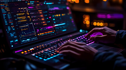 Close Up of Hands Typing on a Laptop Keyboard with Colorful Backlighting, Neon Lights in Background