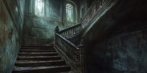 Canvas Print - Dark and Eerie Stairway in an Abandoned Building