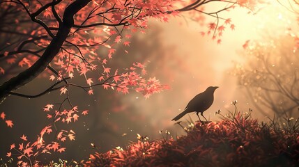 Wall Mural - Silhouette of a Bird in a Dreamy Autumn Forest