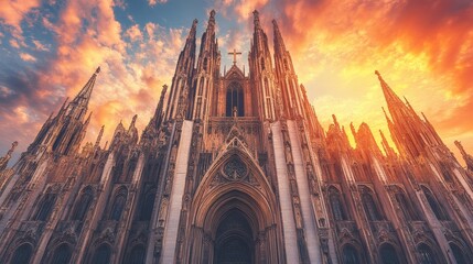 A grand cathedral with towering spires and detailed carvings, illuminated by the golden hour light.