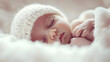 © Neural9 Project - Peaceful Newborn Baby Sleeping in a White Knitted Hat and Blanket with Soft, Gentle Breathing