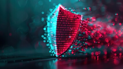 A conceptual image of a shield with binary code patterns, symbolizing the protection against cyber threats and data breaches.