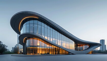 The unique design of modern buildings, curved shapes and glass curtain walls show the modern style of the city, and the gray facade complements each other with natural light.