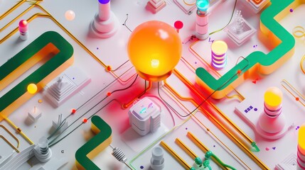 Wall Mural - a glowing orange lightbulb sits at the center of a complex network of colorful wires, geometric shap