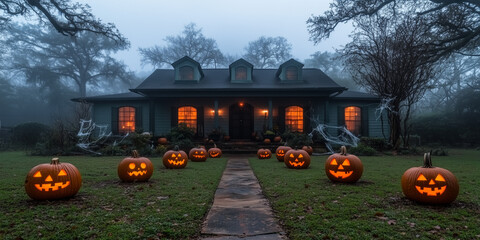 Halloween jack-o'-lanterns glowing on foggy front lawn of spooky house at dusk

