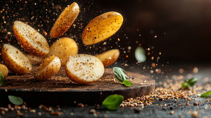 falling potatoes in dark background, flying potato slices in action for advertising design