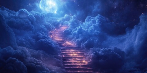 Poster - Glowing Staircase Ascending Through Clouds in a Starry Night Sky