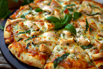 Pizza with cheese and chicken.