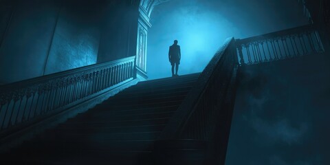 Canvas Print - A lone figure ascends a shadowy staircase bathed in blue light