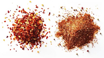 vibrant red cayenne pepper flakes and ground paprika top view on white background spice photography