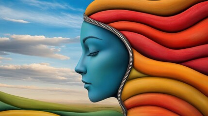 Wall Mural - A woman with colorful hair and a zippered jacket on her head, AI