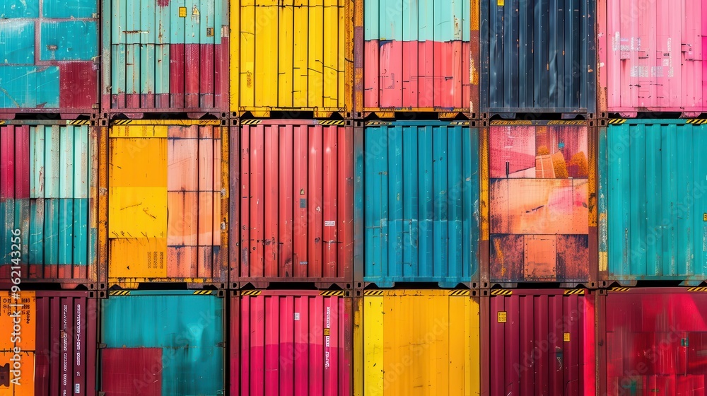 vibrant shipping container yard geometric patterns of stacked ...