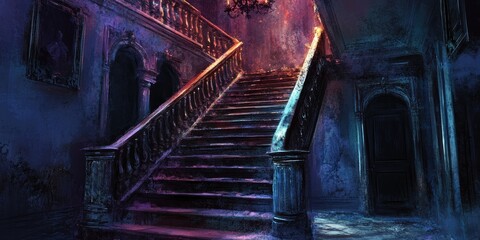 Canvas Print - A dimly lit staircase leading up in a dark and mysterious old house