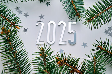 Wall Mural - abstract light christmas background with stars and a christmas tree with the year number 2025.