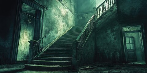 Canvas Print - An Eerie Stairway Leading Upward in an Abandoned Building