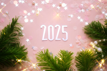 Wall Mural - new year 2025 pink background. number of the coming year in christmas decoration.