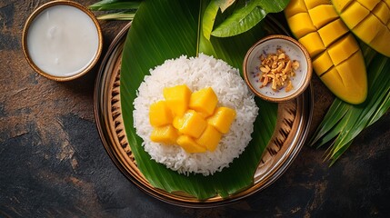 A close-up of a plate of mango sticky rice with coconut milk and a bowl of nuts.