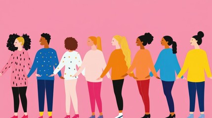 Wall Mural - A group of people holding hands in a line on pink background, AI