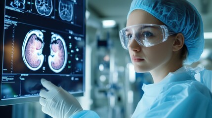 Wall Mural - Surgeon technician, a female professional, examining a kidney X-ray, with a close-up of the face wearing protective glasses and gloves