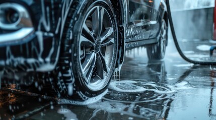 A close-up of a car wheel being washed with soapy water at a car wash. The foam is running down the tire, leaving streaks of white on the black surface.