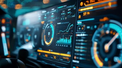 Wall Mural - inside a modern vehicle, a sophisticated digital interface showcases real time data, charts, and per