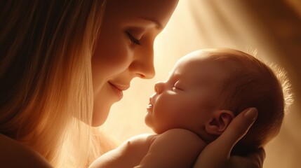 Canvas Print - A woman holding a baby in her arms with sunlight shining on them, AI