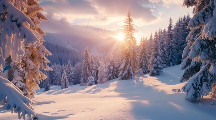 Wall Mural - A snowy mountain scene at sunset, with tall pine trees covered in frost and a bright sun shining through the clouds.