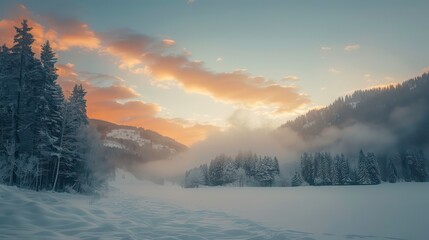 Wall Mural - A picturesque scene of a snowy forest with a breathtaking sunset. The sky is ablaze with vibrant hues of orange and pink, casting a warm glow over the landscape. 