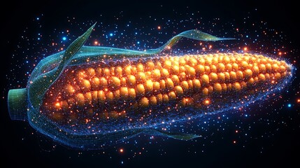 Sticker - A 3D rendered image of an ear of corn made of glowing particles, with a blue and orange color scheme on a dark background.