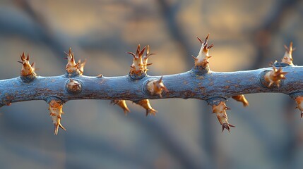 Wall Mural - Close-up of a thorny branch with sharp points against a blurred background.