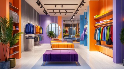 A modern, colorful clothing store with purple, orange, and blue walls, a large round mirror, and two long benches in the center.