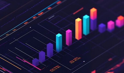 Wall Mural - 3d bar graph with neon colors on a dark screen