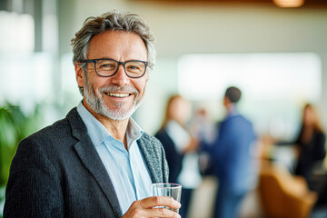 A man in a suit is smiling and holding a glass of water