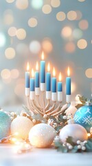 Wall Mural - Blue Candles and Ornaments on a Blue Background with Bokeh Lights.