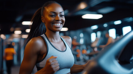 Canvas Print - A black athletic woman with a radiant smile running on a treadmill, showing her enthusiasm for working out. The gym is bustling with activity, and the image captures the lively. Ai generated