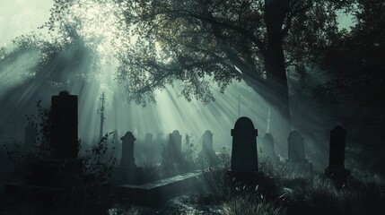 Wall Mural - A foggy graveyard scene with tombstones and eerie lighting casting long shadows