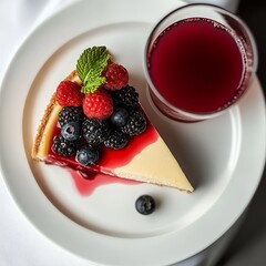 Wall Mural - A slice of cheesecake with fresh berries and a glass of juice.