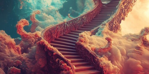 Poster - Ornate Staircase Ascending into a Dreamy Cloudscape