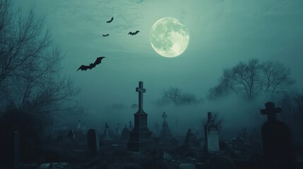 Wall Mural - a cinematic scene of a full moon rising over a fog-covered cemetery, with bats flying across the sky