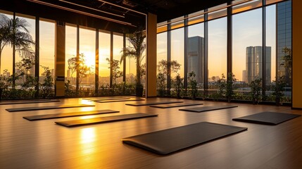 Yoga Studio with City Skyline Sunset View