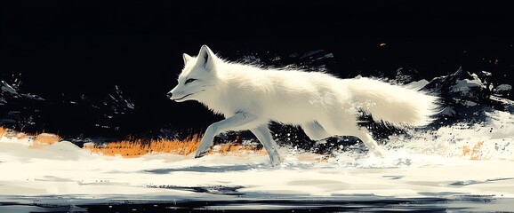 Wall Mural - arctic fox running through snow.