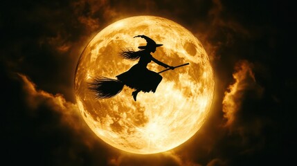 Wall Mural - A spooky silhouette of a witch on a broomstick flying past a glowing full moon