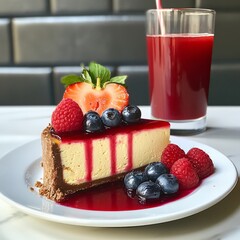 Wall Mural - Cheesecake slice topped with fresh berries and a berry sauce served on a white plate with a glass of juice.