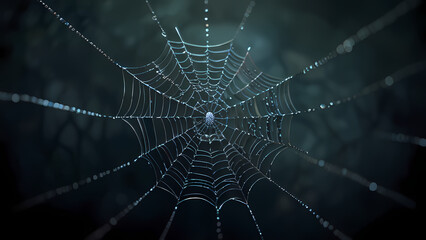 abstract background of an intricate spider web with delicate, shimmering silver threads against a dark, misty backdrop