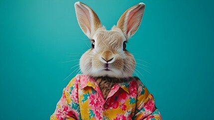 Wall Mural - surreal rabbit in boho-chic outfit with colorful background and studio lighting