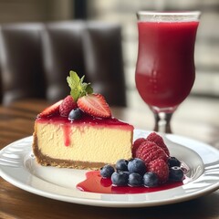 Wall Mural - Cheesecake with fresh berries and a glass of juice.