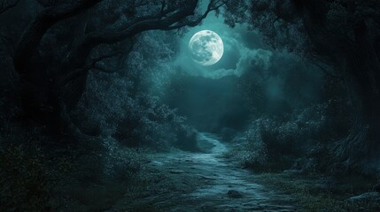 Wall Mural - a cinematic shot of a haunted forest path illuminated by the glow of a full moon